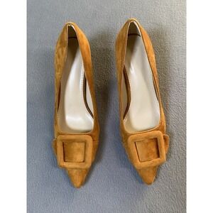 Faux Suede Orange/ Brown Kitten Heels Large Buckle Pointed Toe